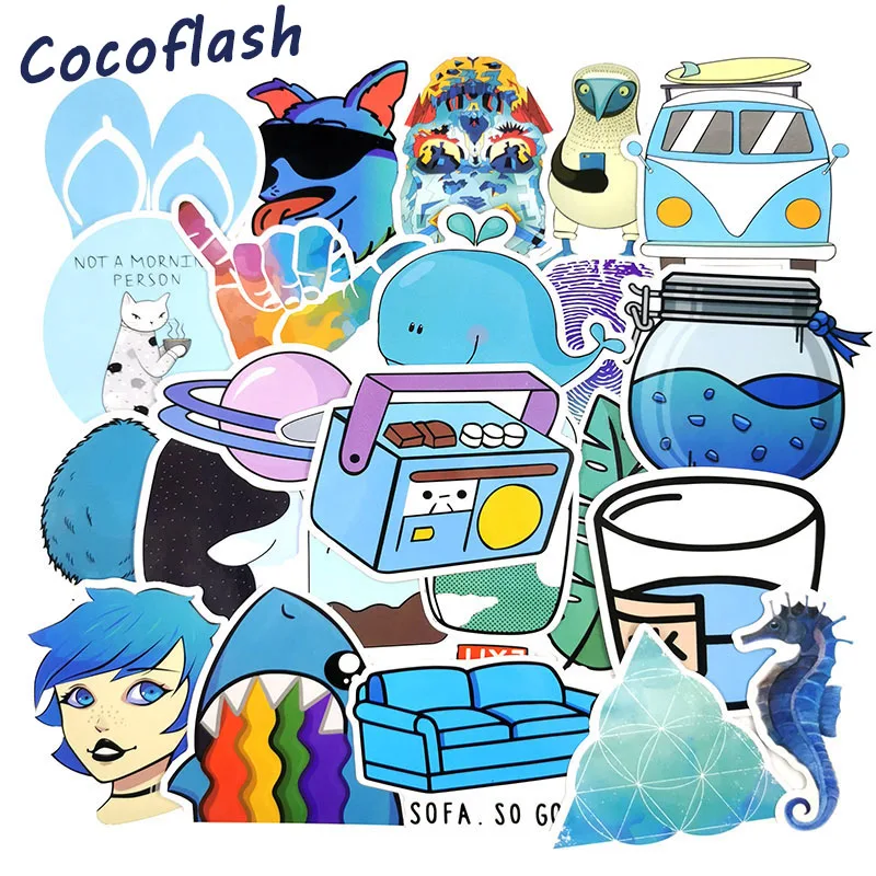 50pcs/set Natural Cartoon Surf Blue Stickers Funny Mixed Waterproof Stickers For Mobile Phone Laptop Writing Desk Skateboard Toy