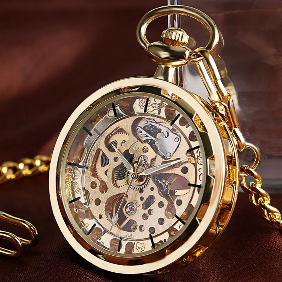 Transparent Open Face Hollow Skeleton Mechanical Pocket Watch Hand Winding Vintage Clock Birthday Gift with Pocket Chain reloj