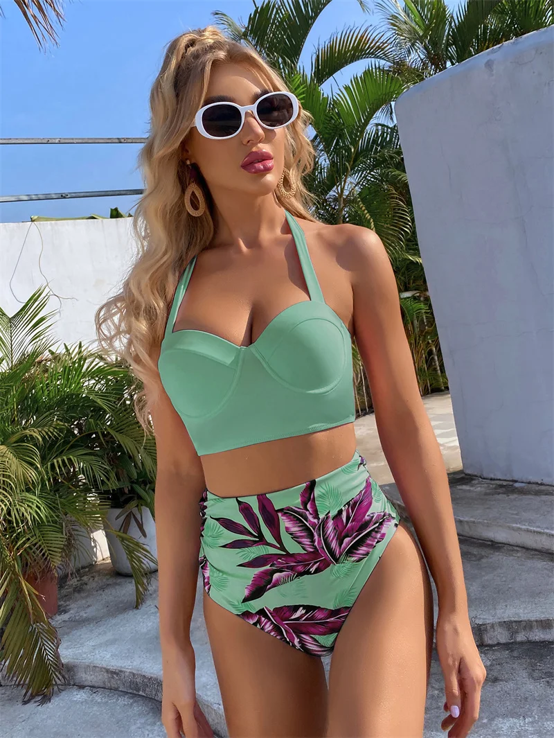 High Waist Bikini Push Up Women Swimsuit 2022 New Print Solid Sexy Bikinis Set Halter Swimwear Summer Beach Bathing Suit Female one one swimwear