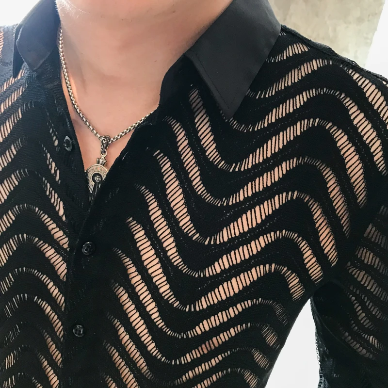 Stitching Striped Shirt Summer Men Transparent Lace Cutout Shirt Camisa Long Sleeve Slim Club Prom Party Social Masculina long sleeve shirt men see shirt