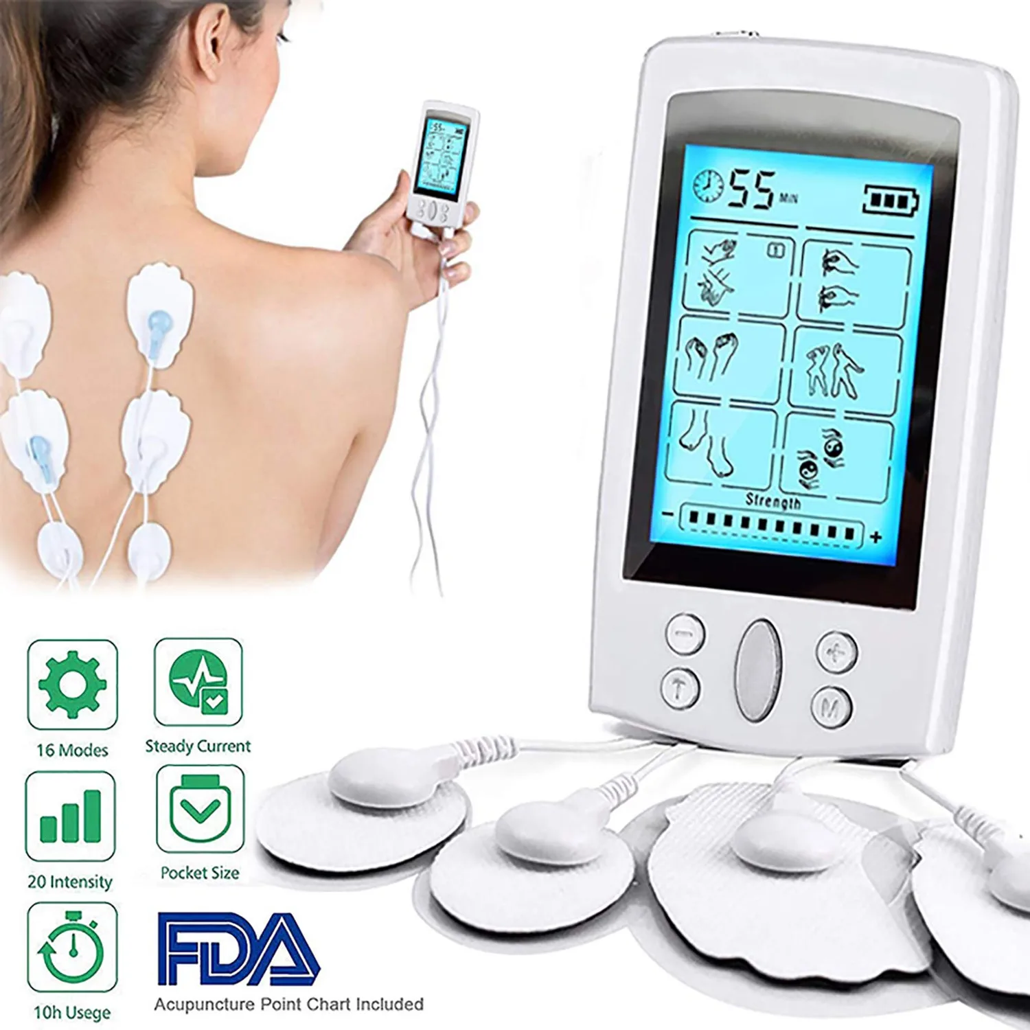 NURSAL 24 Modes TENS Unit Muscle Stimulator with Continuous Stimulation,  Rechargeable Electronic Pulse Massager with 8 Pads for Back and Shoulder  Pain