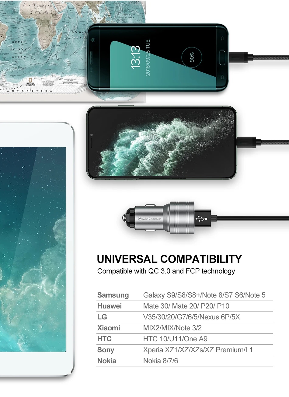 ROCK Metal 36 Вт двойной USB Quick Charge QC 3,0 Автомобильное зарядное устройство для iPhone USB быстрое зарядное устройство для мобильного телефона быстрое зарядное устройство автомобильное зарядное устройство