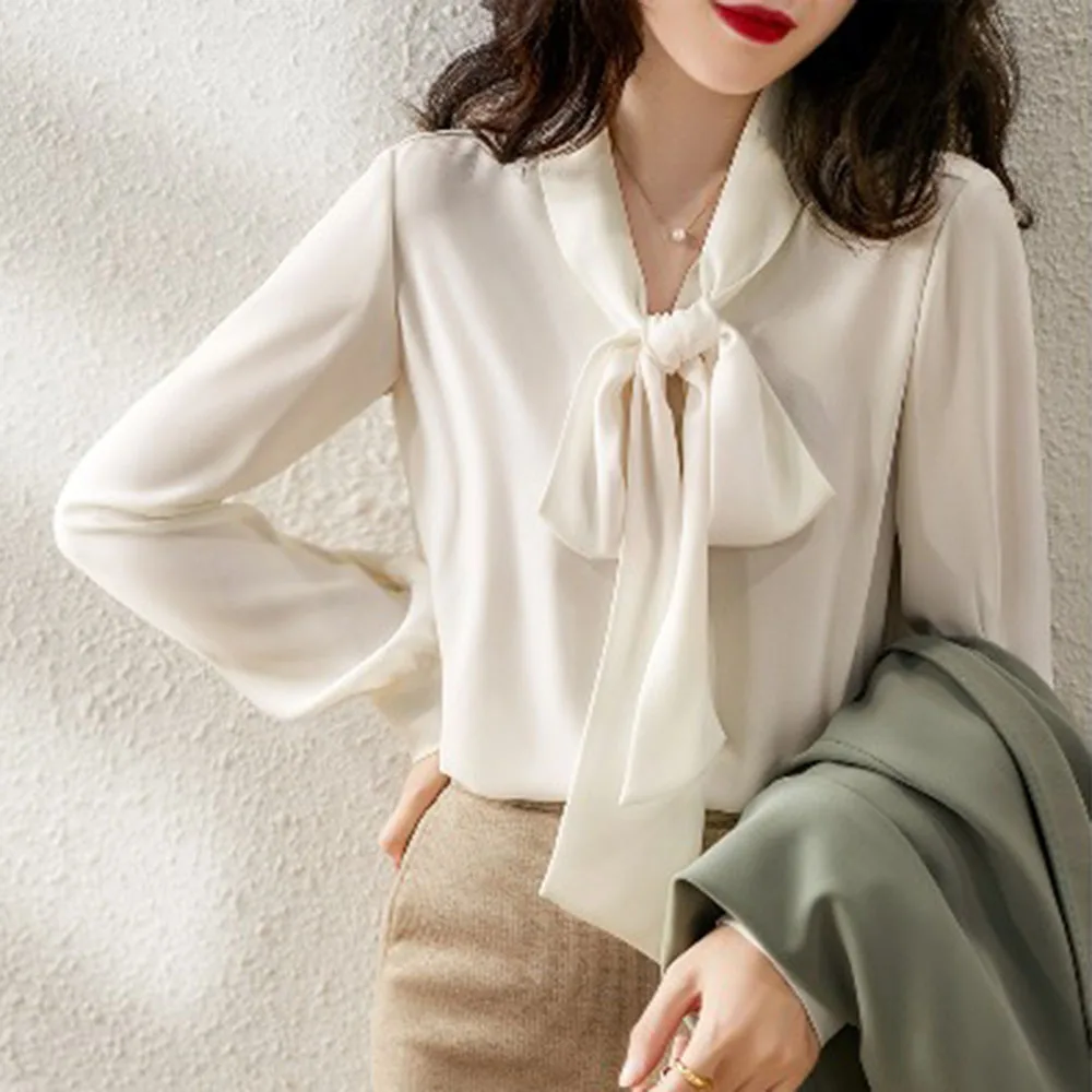 Fashion Woman Blouses 2022 Spring Korean Temperament All-match Chiffon Shirt Big Streamer Chic Bow Tie Long Sleeve Top Female | Женская