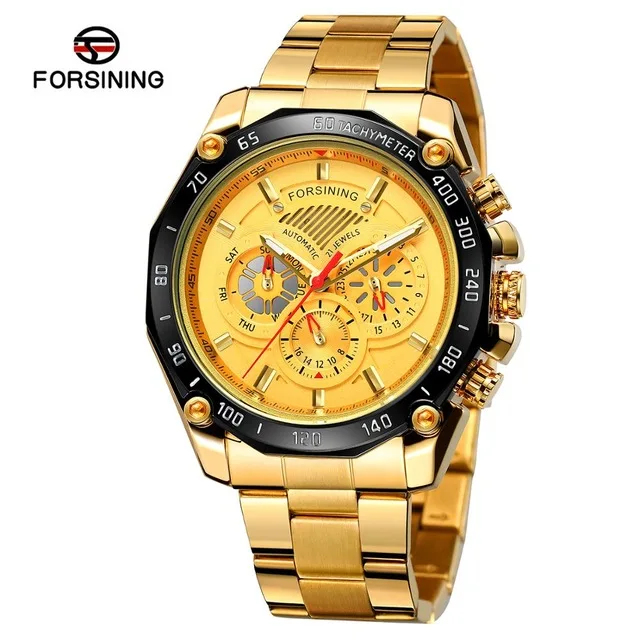 Топ люксовый бренд FORSINING нержавеющая сталь автоматические механические часы Скелет циферблат многофункциональные спортивные часы Luminou часы - Цвет: gold