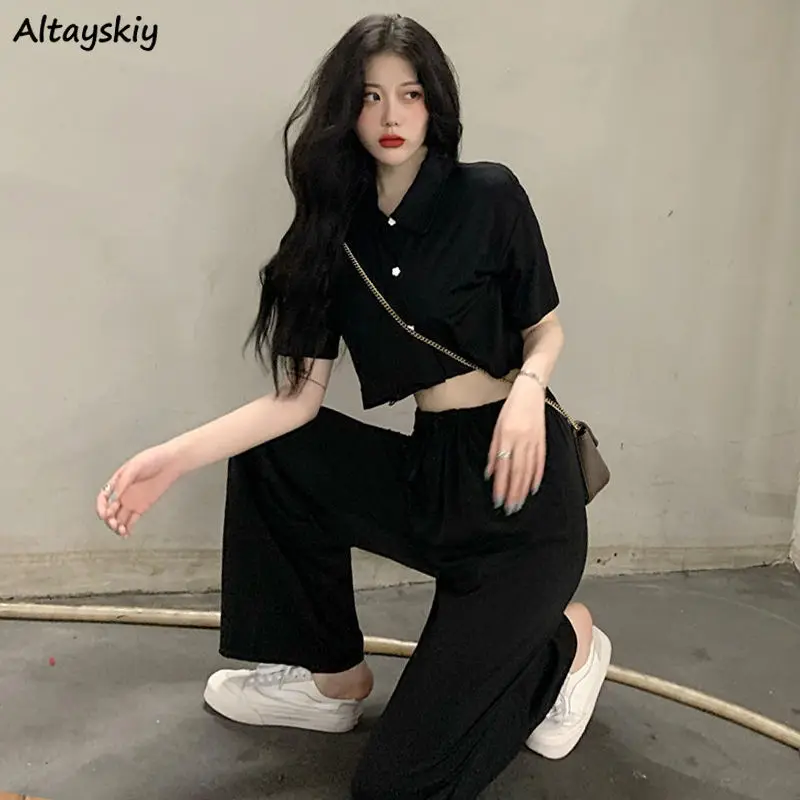 Black Pants Sets Summer Elegant Casual Fashion T-shirts Crop Tops Ladies OL  High Waist Straight Trousers Baggy All-match Outfit