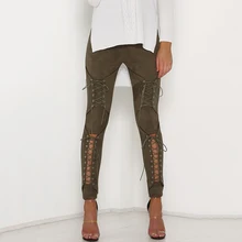 

Lace Up Cut Out Fashion Trousers for Women New Suede Leather Pencil Pants Sexy Bandage Legging Pants Hollow Out Women's Pants