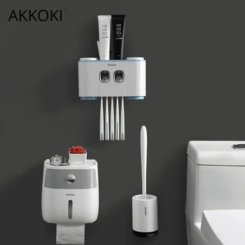 

Toothbrush Holder Bathroom Accessories Set Automatic Toothpaste Dispenser Toilet Brush Tissue Box Toilet Waterproof Paper Holder