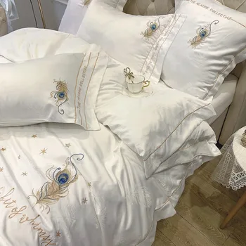

Simple modern style pure cotton four-piece set of 60 tribute satin jacquard embroidery home bed linen bed lily bedding Home