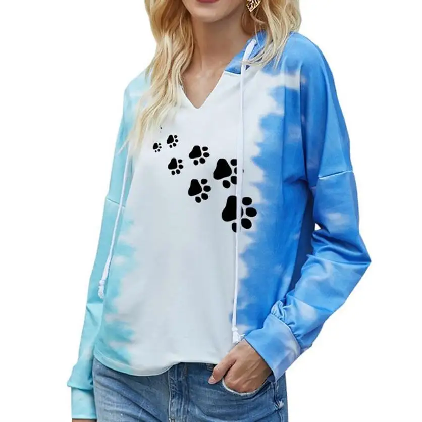 Dog Paw Print Hoodies For Women Tie-Dye Hooded Long-Sleeved Sweatshirt Tops Sweatshirts Corduroy Oversize Ladies Pullovers