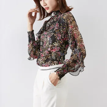 

Women Silk Shirt 2020 Spring Summer Elegant Female Real Silk Blouse Sweet Ruffle Floral Print Luxury Work Wear Shirts Tops