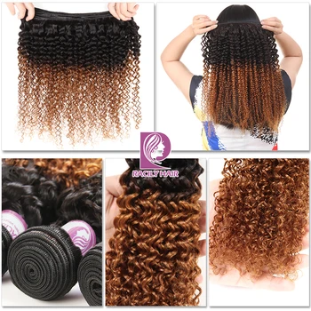Racily Hair 1/3/4 Pcs Ombre Hair Bundles Brazilian Kinky Curly Hair Weave Bundles Deals Remy T1B/30 Ombre Human Hair Extensions 3