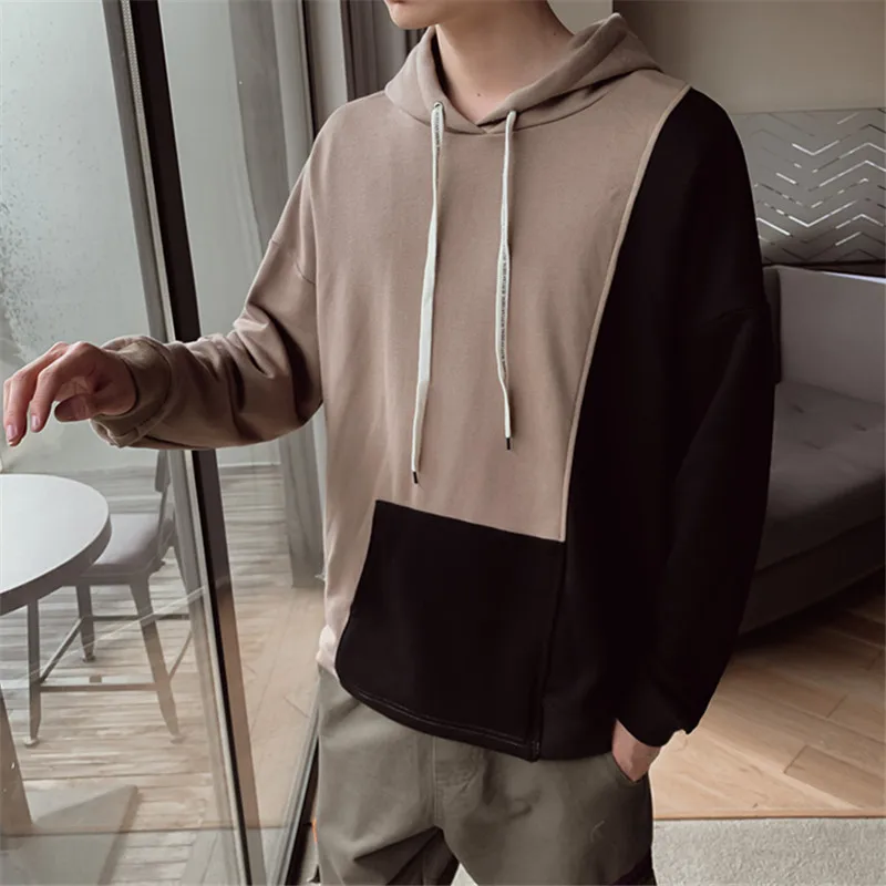 Autumn Man Hoodies Hit Color Patchwork Men's Sweatshirts Black Brown Khaki M-5XL Men Hooded Sweatshirts