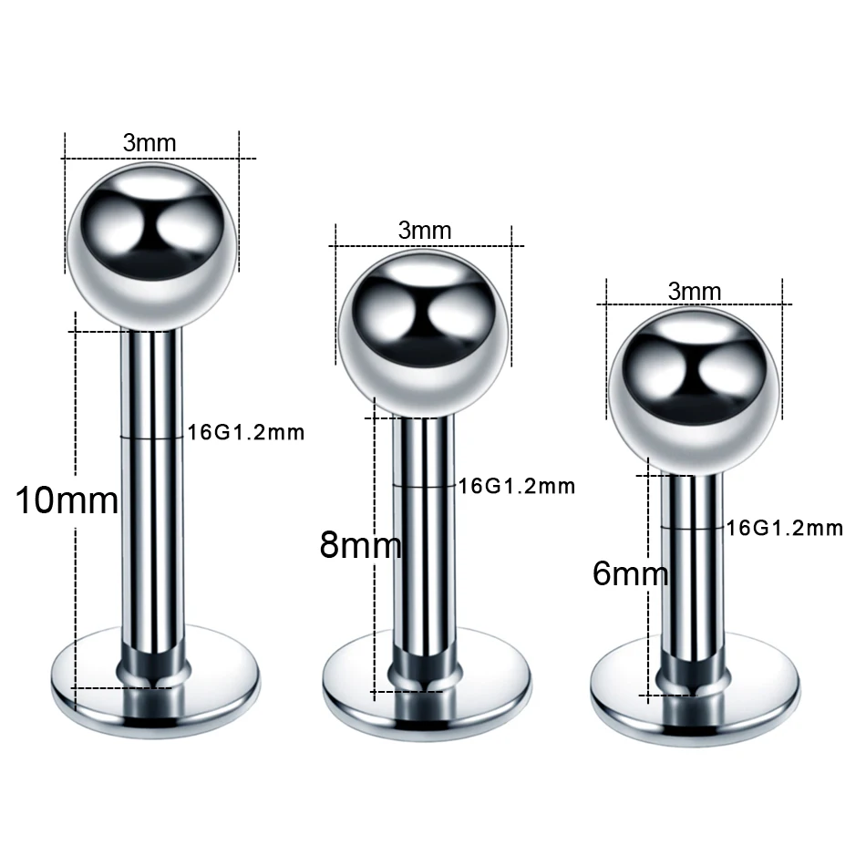 10pcs/lot Piercing Jewelry Steel 16G Tragus Helix Bar 3mm Ball Labret Lip Bar Rings Stud Cartilage Ear For Women Men