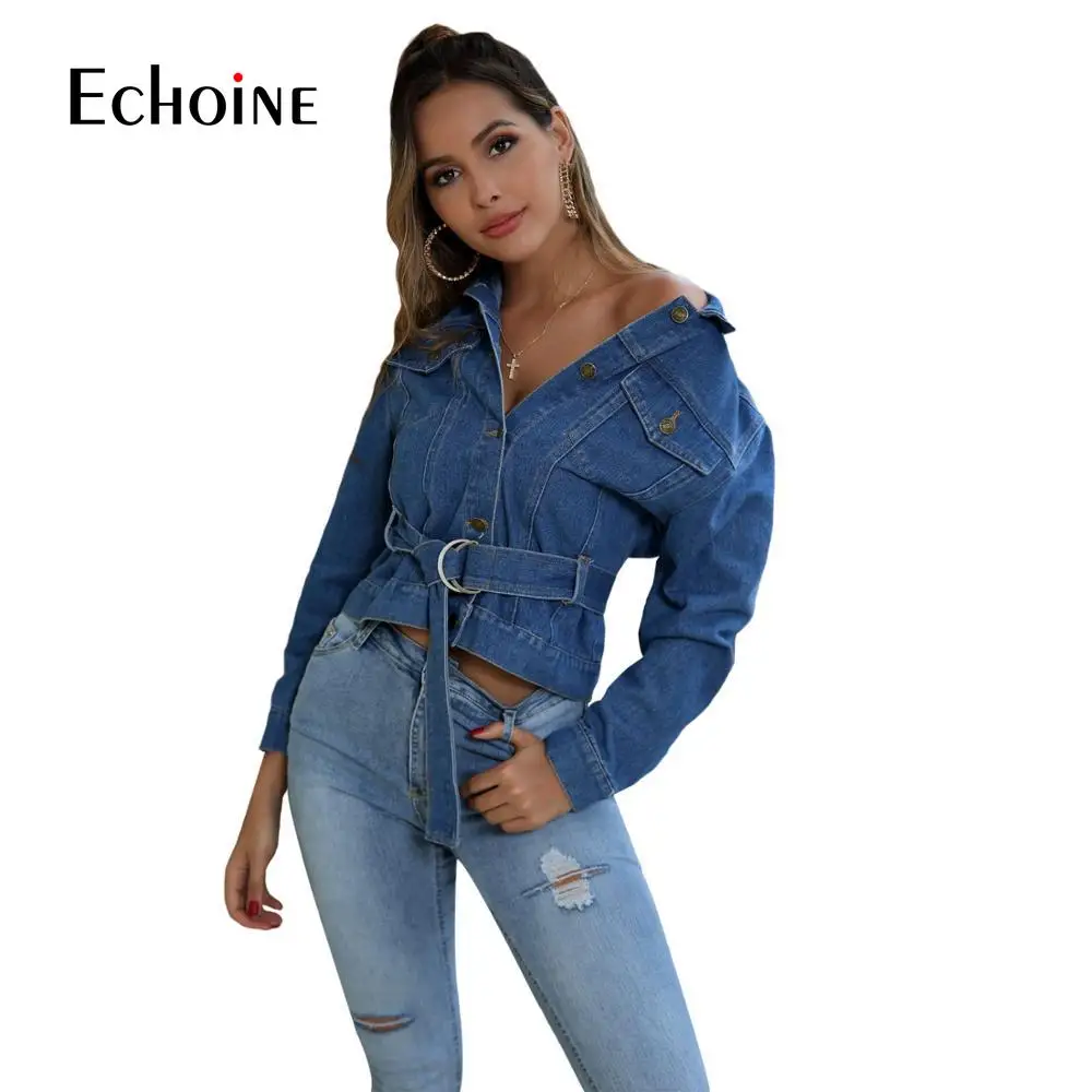 

Autumn winter Slim Belt Turn-down Cropped Denim Jacket Women Streetwear Collar Single Breasted Pockets Long Sleeve Jeans Coats