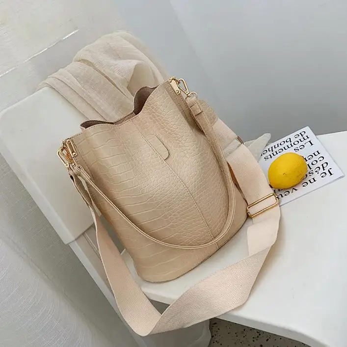 Beige Yogodlns сумка с текстурой под кожу крокодила для женщин из искусственной кожи сумки через плечо большие размеры ведро Ретро Широкий ремень на плечо - Цвет: Beige