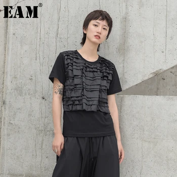 

[EAM] Women Black Pleated Split Joint Temperament T-shirt New Round Neck Short Sleeve Fashion Tide Spring Summer 2020 JW539