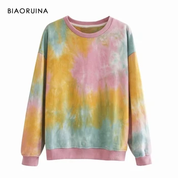 

BIAORUINA Women's Terry Colorful Tie-dyed Loose Sweatshirt Round Neck Female Oversized Fashion Street Style Pullovers