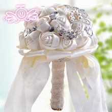Изысканный искусственный атлас высокое качество невесты цветы с бриллиантами жемчуг стразы ручной работы цвета слоновой кости букеты для свадьбы JF003
