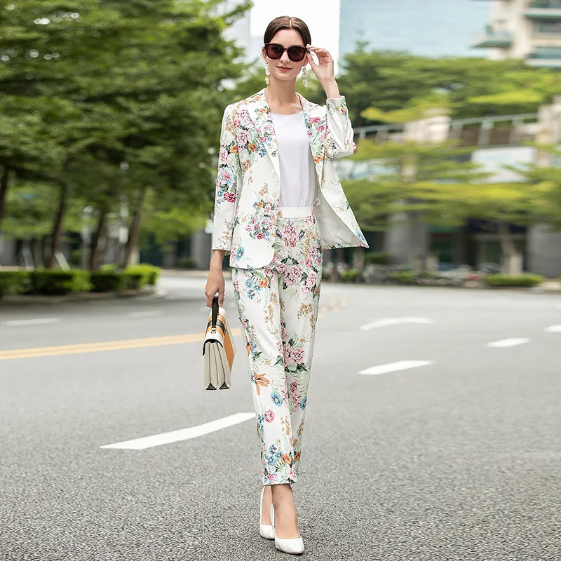

Ladies Pant Suits Autumn 2020 New Flowers Printed Single Button Jacket Top + Straight Trousers Two Piece Set OL Women Clothing