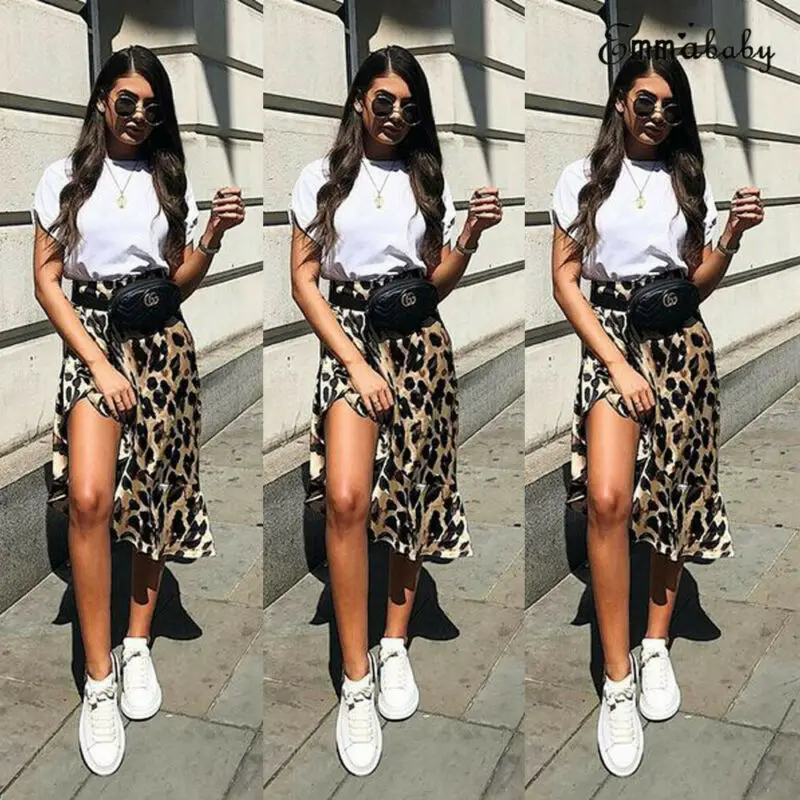 Women High Waisted Stretch Leopard Skirt