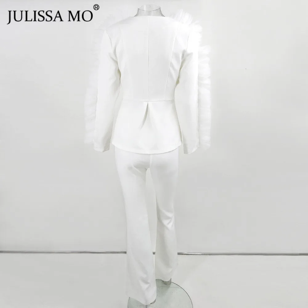 Julissa mo белый с v-образным вырезом сетки сплайсированные сексуальный Блейзер и брюки набор 2 шт для женщин осень зима длинный рукав элегантный пиджак костюмы