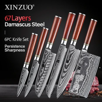 

XINZUO 6 PCS Knife Set Damascus Steel Kitchen Knife Set vg10 Chef Santoku Cleaver Paring Nakiri Bread Knife Rosewood Handle