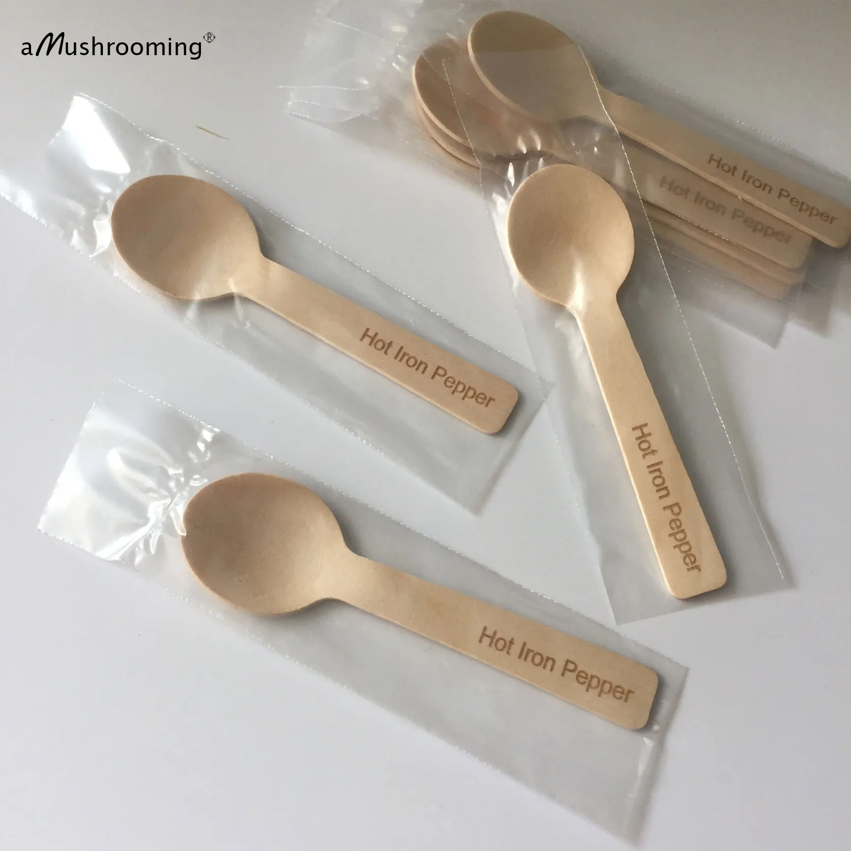 100pcs Wooden Mini Taster Spoons Single Heat Sealed Wrapped Personalized Text Eco-friendly 10cm Round Ice Cream Dessert Scoop