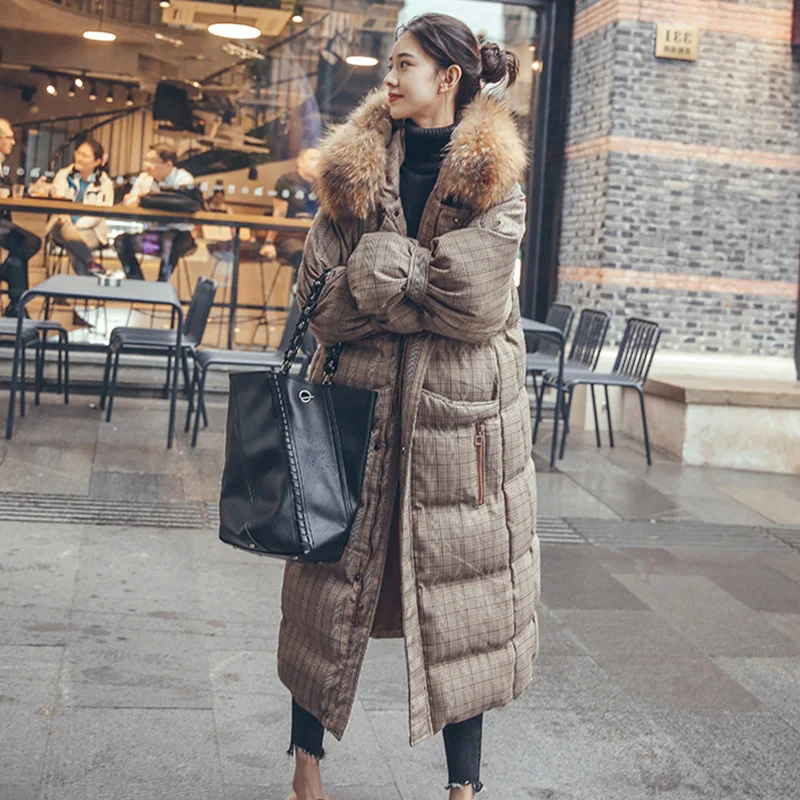 

Long Parkas Women Coat 2019 New Winter Plaid Loose Cotton Coat Hooded Fur collar Coat Female Thick Warm Cotton Jacket AN194