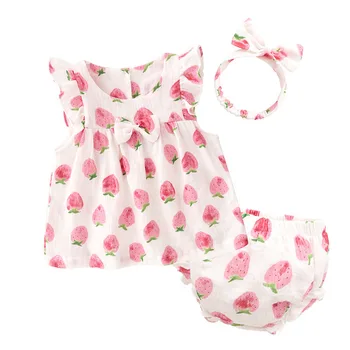 

kids girls soft cotton summer outfits Top Tee+shorts +headband infant clothes 6 9 12 18 months playsuit girls twins photo props