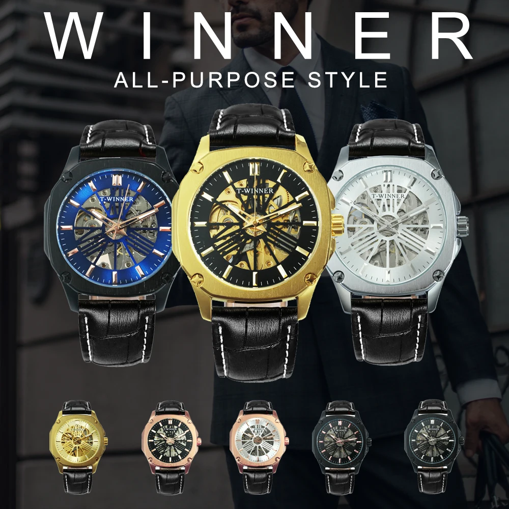 Победитель официальный автоматические часы для мужчин Скелет Механические панк человек часы люксовый бренд кожаный ремешок Золотой квадрат наручные часы