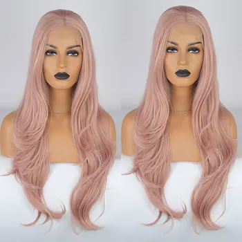 

Bombshell Gold Rose Pink Synthetic Hair Lace Front Wig Layered Natural Wave Heat Resistant Fiber Hair Middle Parting For Women