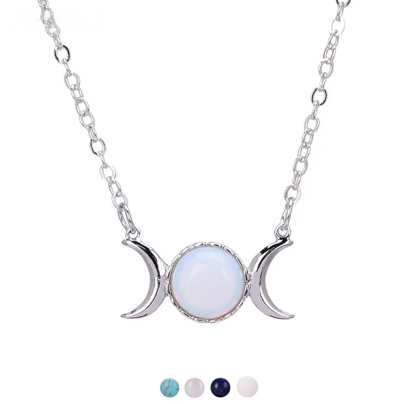 

New Triple Goddess Moon Symbol Crescent Pendant Necklace 2019 Opal Healing Crystal Natural Stone Sailor Moon Pendant for Women