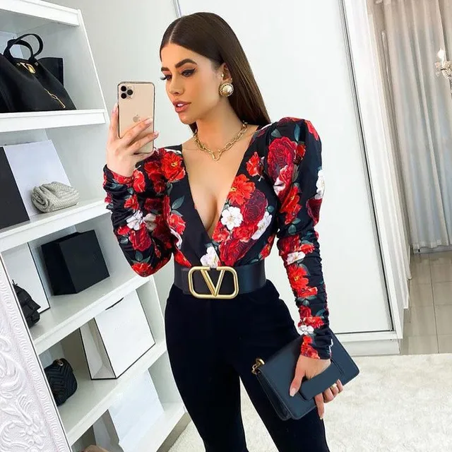 2021 Spring Elegant Boho Print Bodysuits Rompers Women Jumpsuits Puff Sleeve Skinny Sexy V-neck Bodies Ladies Casual Overalls 1