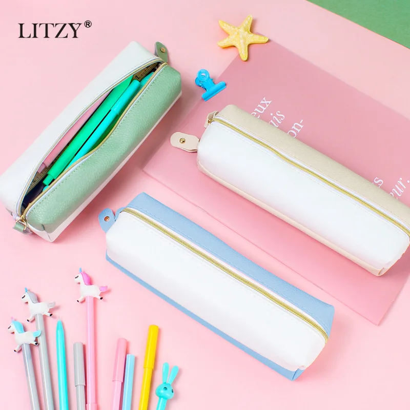 

Чехол для карандашей LITZY, на двойной молнии для карандашей, полиуретановый, креативный, школьные принадлежности