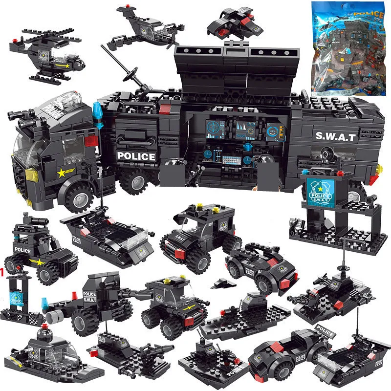 

700Pcs City Police Car Building Blocks Sets SWAT Team Truck House DIY Creator Technic Brinquedos Educational Toys For Children