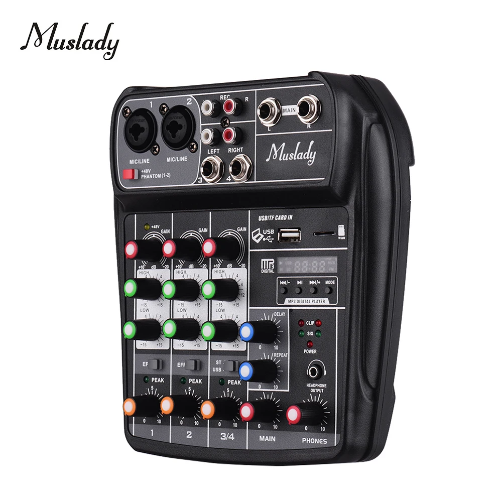 Muslady 4-канальный миксер аудио компактная звуковая карта микшерный пульт Цифровой BT MP3 USB Вход+ 48V Phantom Мощность для музыки Запись