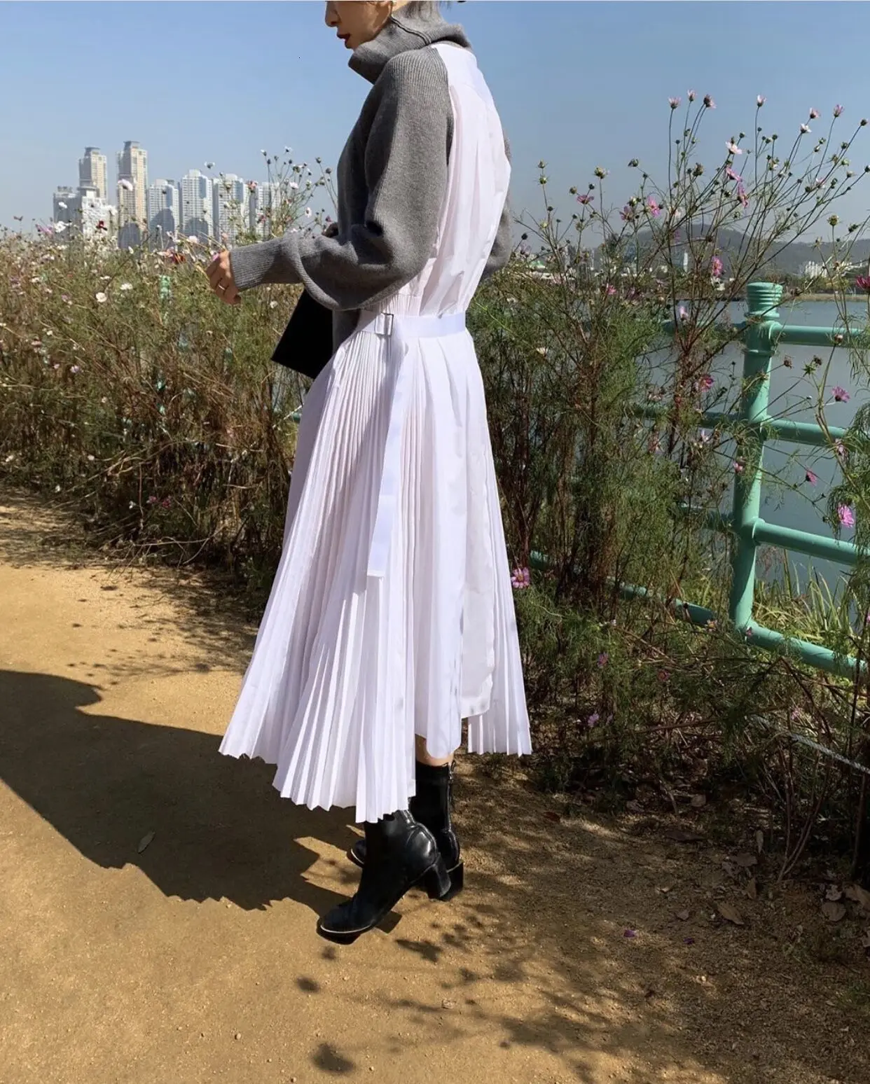 SHENGPALAE, шикарный стиль, свободный, вязанный, раздельный, имитация двух частей, в полоску, Женский Тип, водолазка, женское плиссированное платье A872