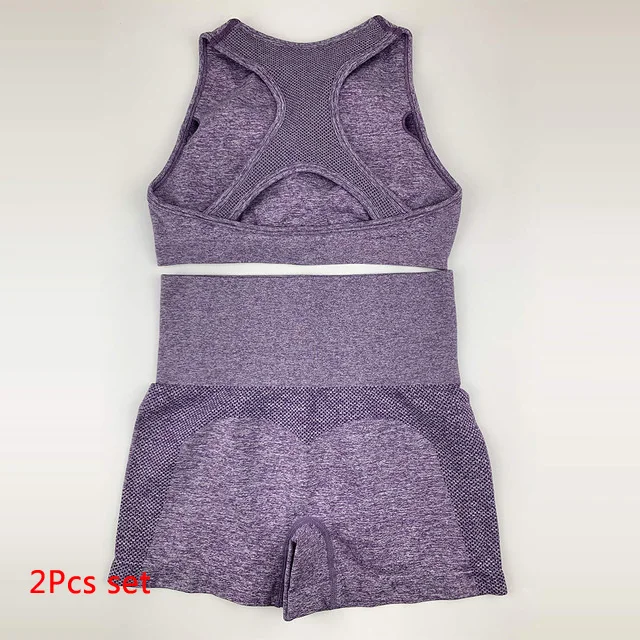 Бесшовный Набор для йоги из 2 предметов, женская спортивная одежда, спортивный бюстгальтер для фитнеса, укороченные топы, шорты, леггинсы, спортивный костюм - Цвет: Purple set