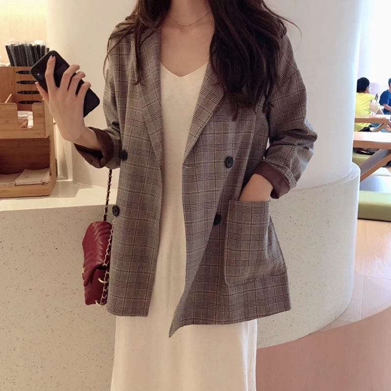 

Vintage Plaid Blazer Women Pockets Buttons Summer Blazer Long Casual Korean Blazer Jacket Femme