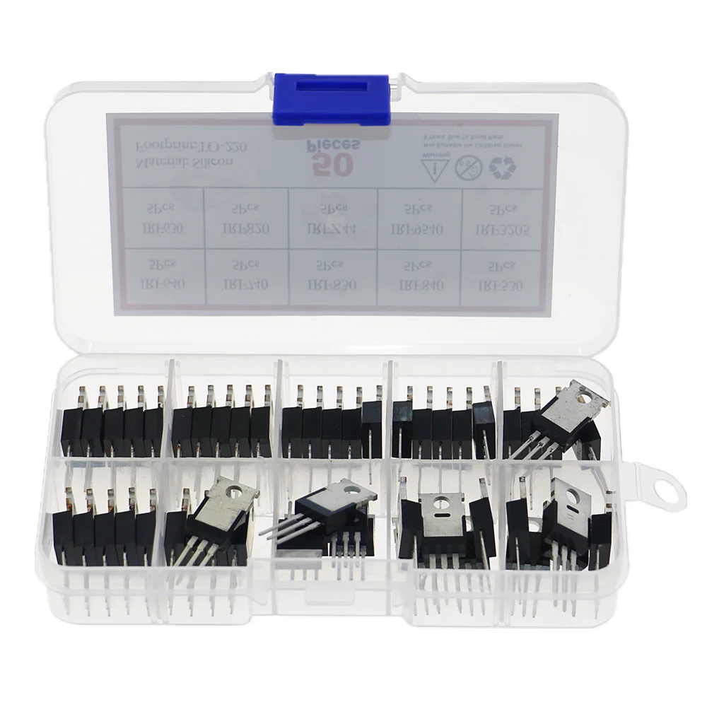 Transistors Kit Mosfet Transistor 50Pcs/box 10 Values Mosfet Transistor Kit IRF3205 IRF640 IRF740 IRF830 IRF840 IRF530 IRF630 IRF820 IRFZ44 IRF9540 IRF820