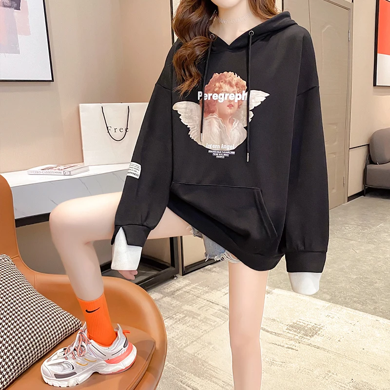 

Oversize Angel Print Pocket Womens Autumn Hoodie Korean Style Simple Kawaii Hoodies Women Pocket Long Sleeve Harajuku Pullovers