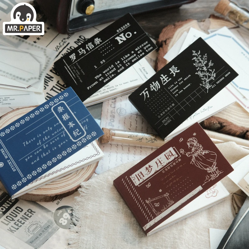 

Mr.Paper 4 Design 50 pcs Memo Pads Loose Leaf Vintage Retro Style Memory Note Doodling Litmus paper Note Paper Material Paper