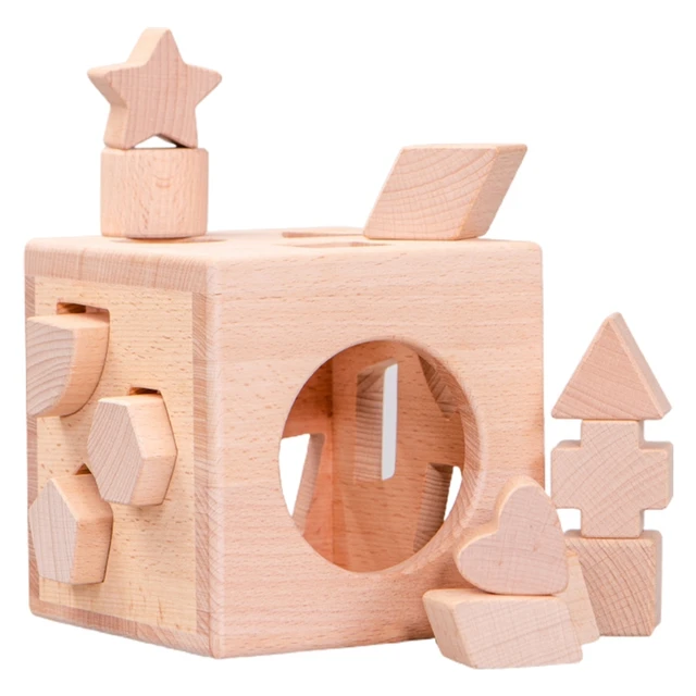 Kids Wooden Shape Sorter Cube Unpainted Building Block Box Educational Toys Toddler Baby Stacking and Matching Game Jigsaw GXMB 1