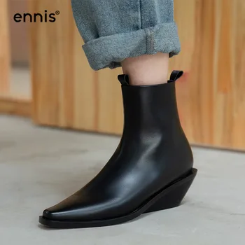 

ENNIS 2020 Black Wedge Boots Women Genuine Leather Ankle Boots Pointed Toe Boots Middle Heel Shoes Zipper NEW Autumn WinterA0027