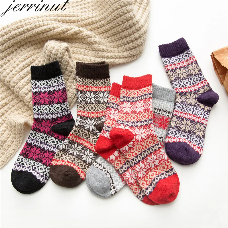 Jerrinut, женские зимние толстые теплые шерстяные носки, хлопковые милые носки с принтом Happy, модные повседневные полосатые носки со снежинками, 5 пар/партия
