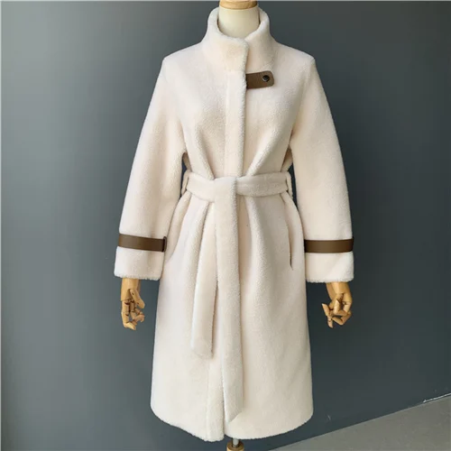 MAOMAO меховое шерстяное пальто женская зимняя куртка с поясом женские пальто из овечьего меха женские жакеты из натурального меха пальто из натурального овечьего меха - Цвет: Cream white