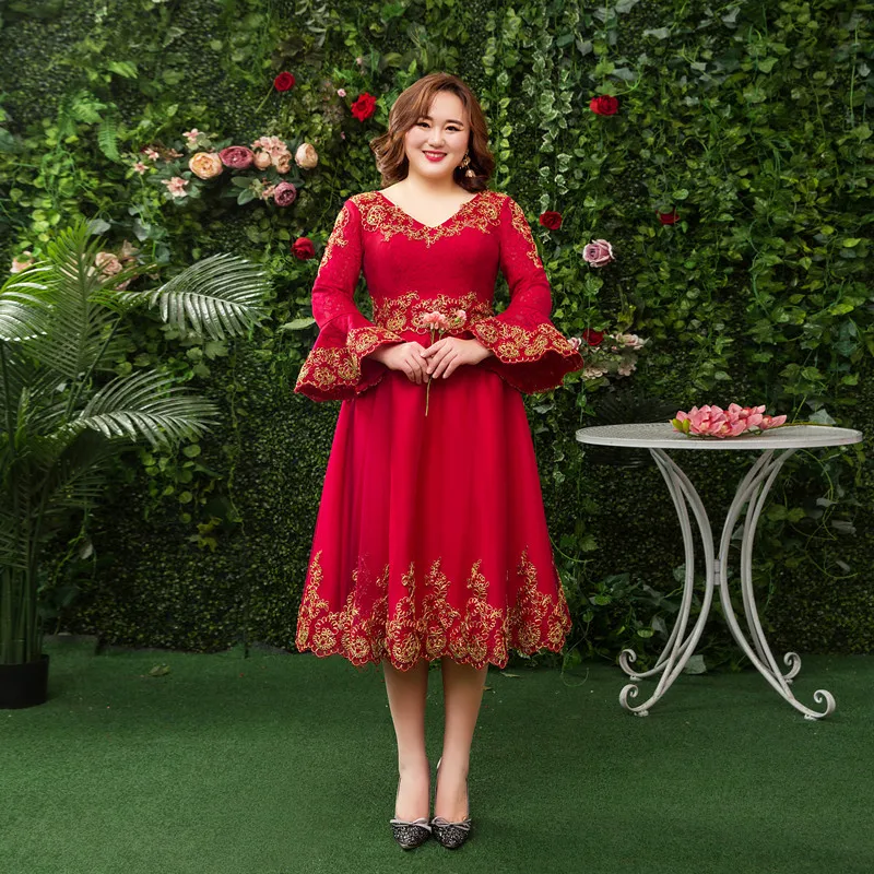 

Evening Dress Full Sleeves Floral Print V-Neck Pleat Empire Lace Up Tea-Length Elegant A-Line Plus Size Women Formal Gowns D1201