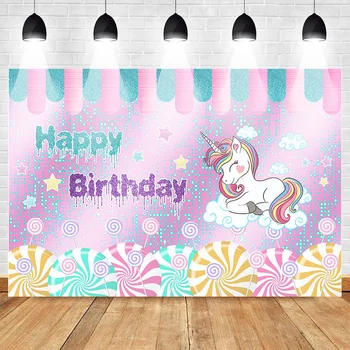 

Neoback Sweet Candy Bar Unicorn Themed Birthday Backdrop Lollipop Unicorn Background for Children Cloud Stars Backdrop Photo