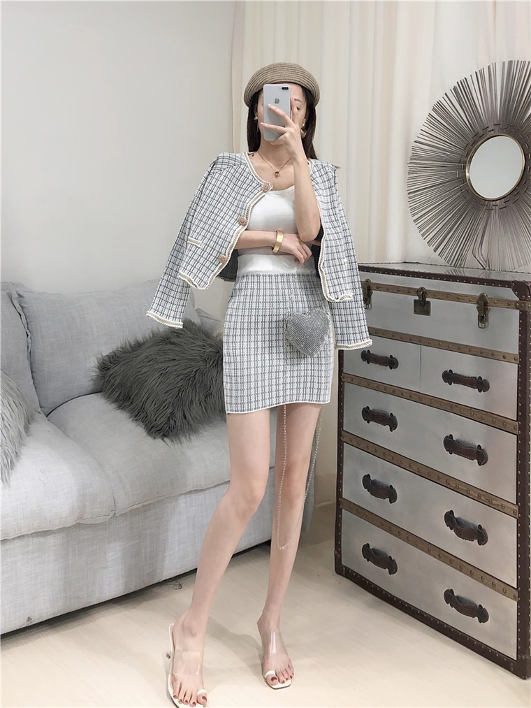 Autumn Women Two Piece Set Fashion Single Breasted Knitted Cardigans+ Bodycon Mini Skirt 2pcs Suit Female Elegant Set