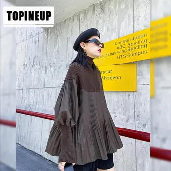 

Womens Fashion High collar Solid color Loose splicing bubble sleeve pleated shirt blouse women